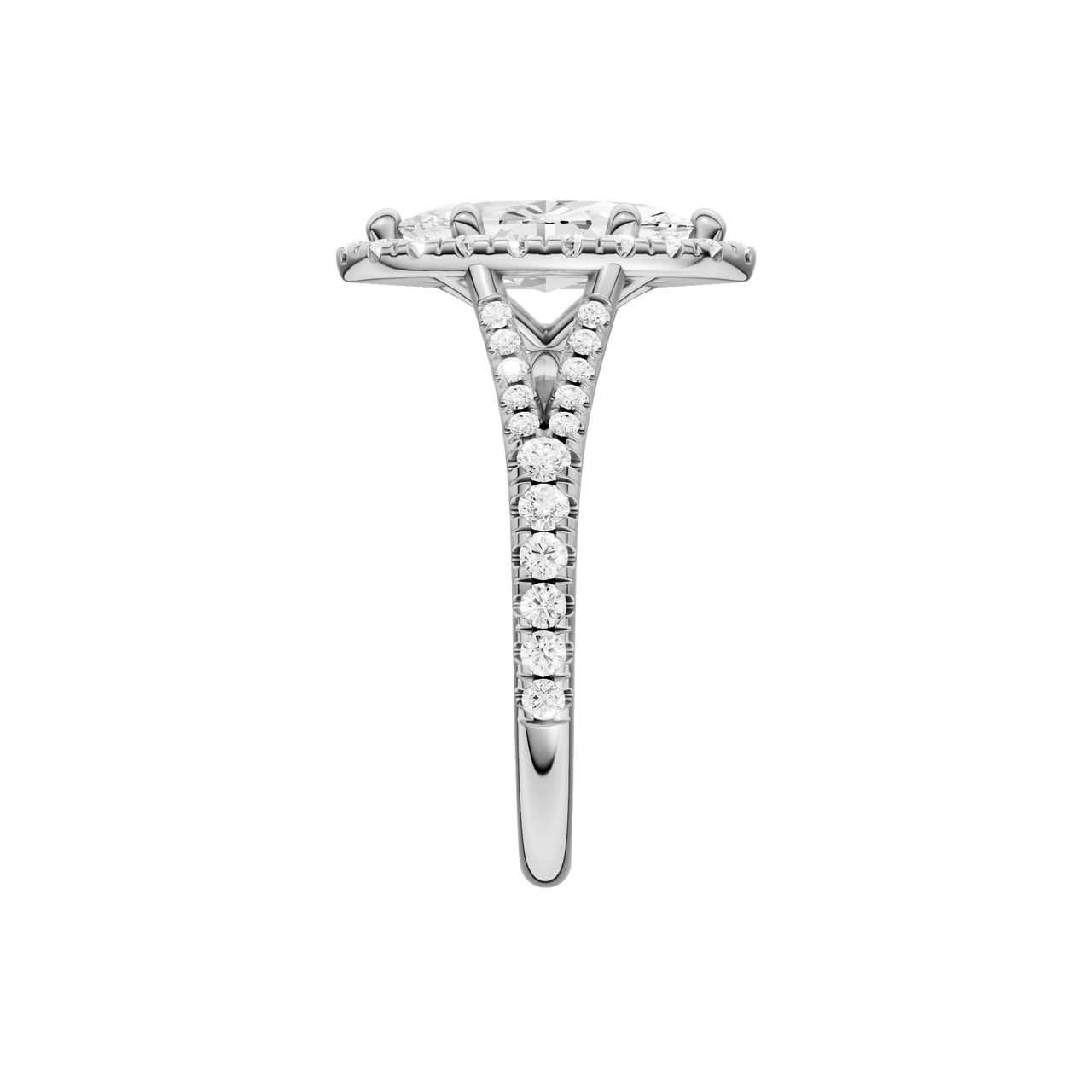 A side view of the Marquise cut diamond engagement ring in platinum with a prong band and solitaire setting