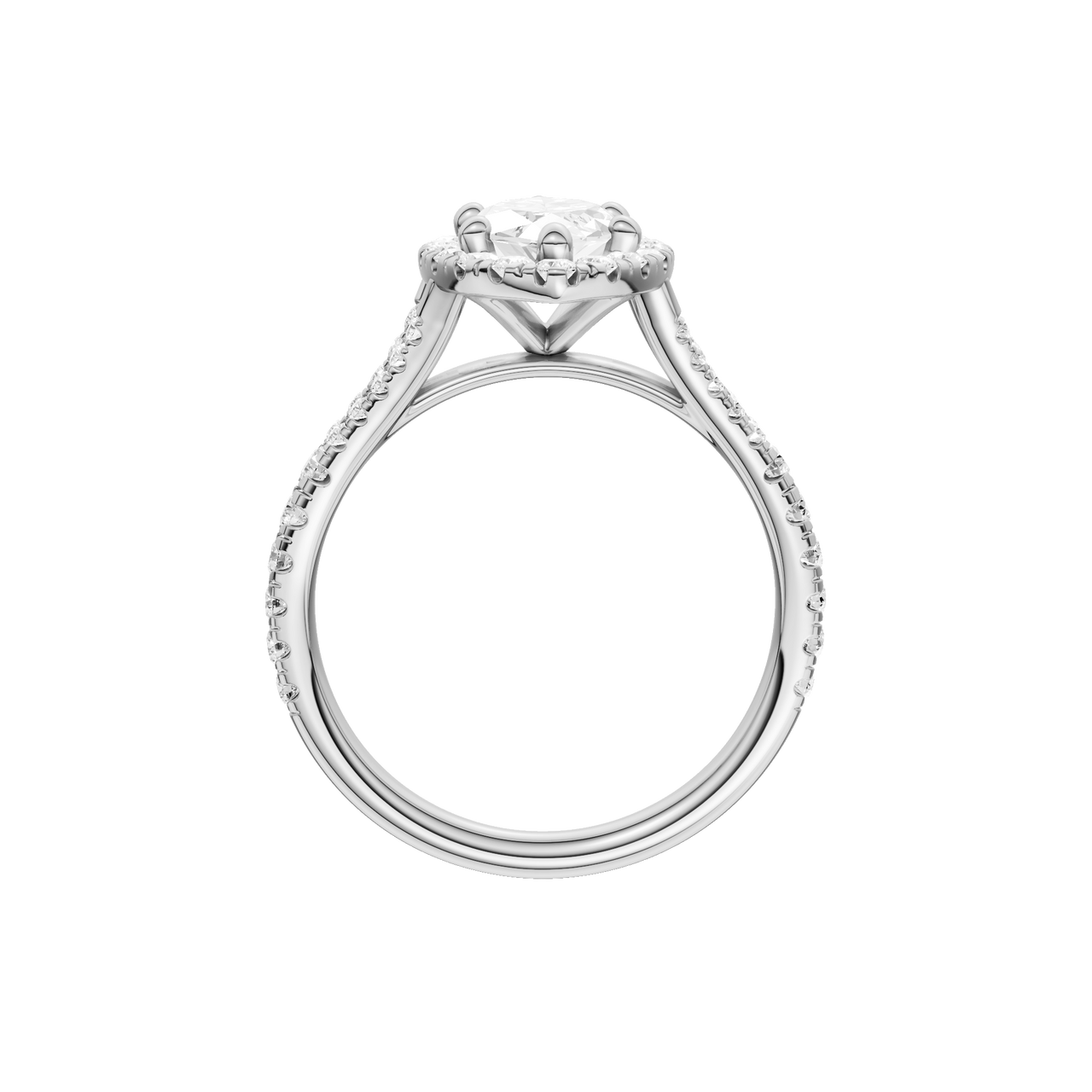 A profile view of the Marquise cut diamond engagement ring in platinum with a prong band and solitaire setting