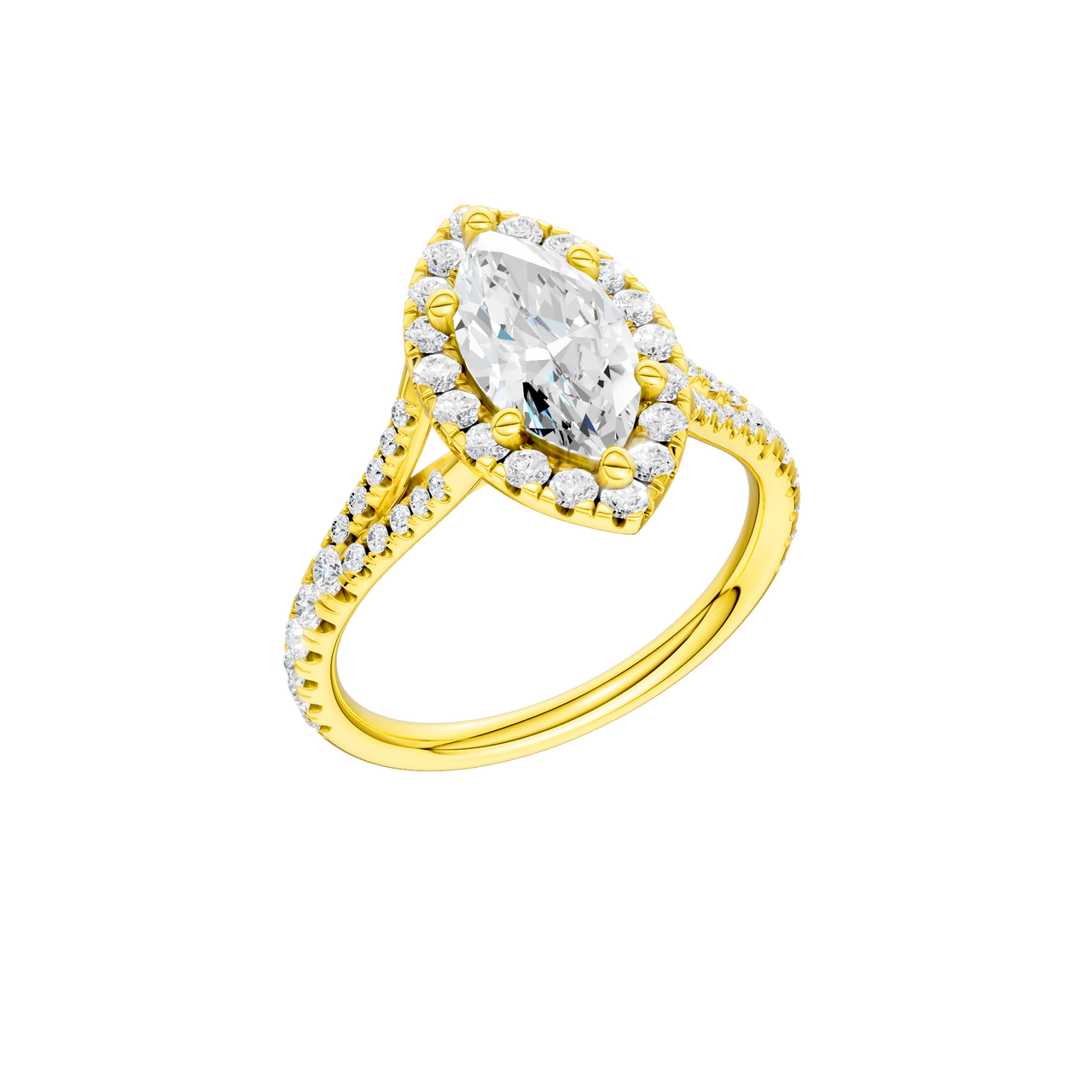 A three-quarter view of the Marquise cut diamond engagement ring in 14k yellow gold with a prong band and solitaire setting