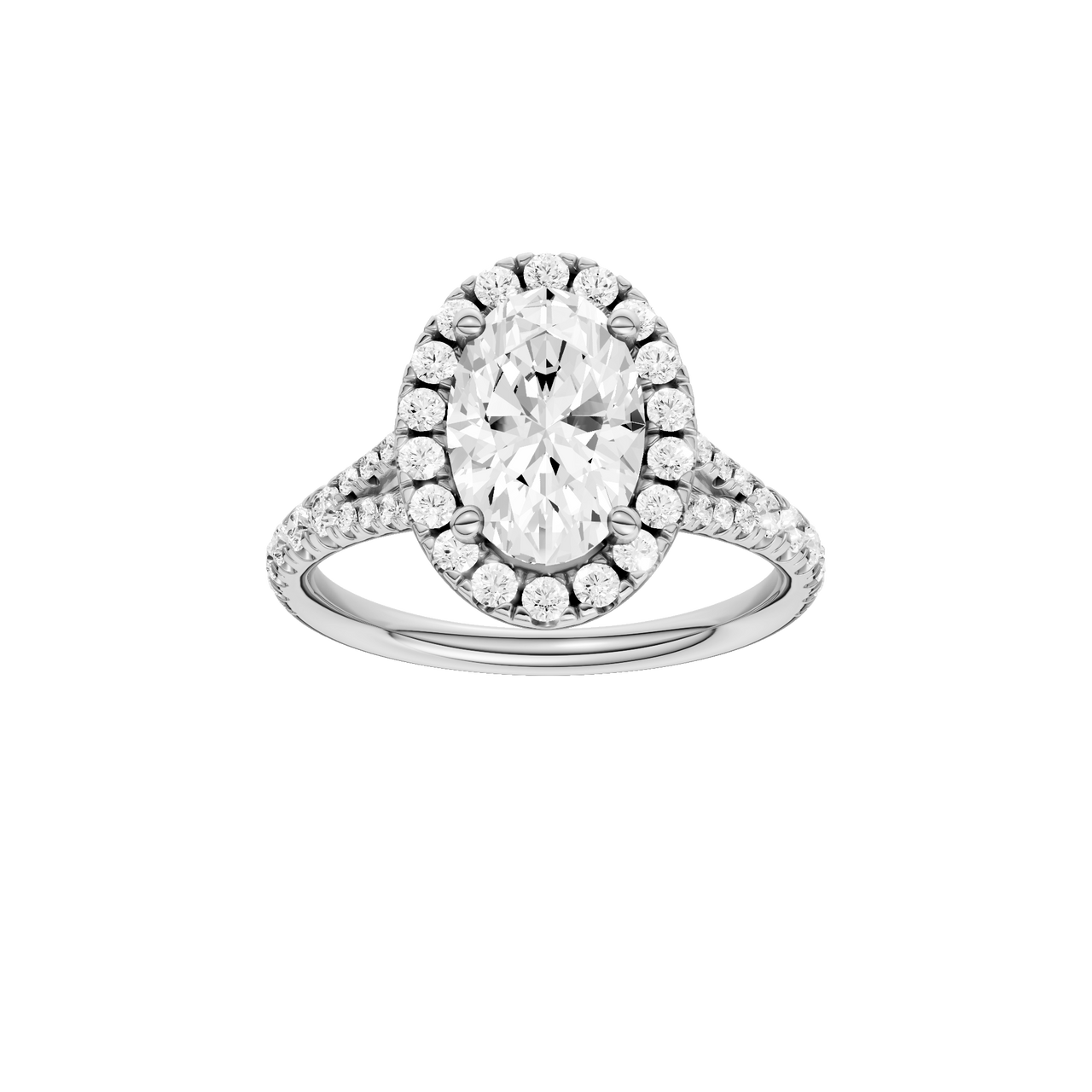 A front view of the Oval cut diamond engagement ring in 14k white gold with a prong band and solitaire setting