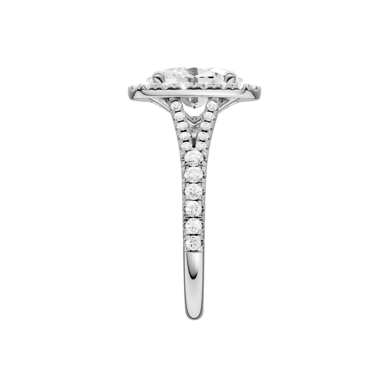 A side view of the Oval cut diamond engagement ring in 14k white gold with a prong band and solitaire setting