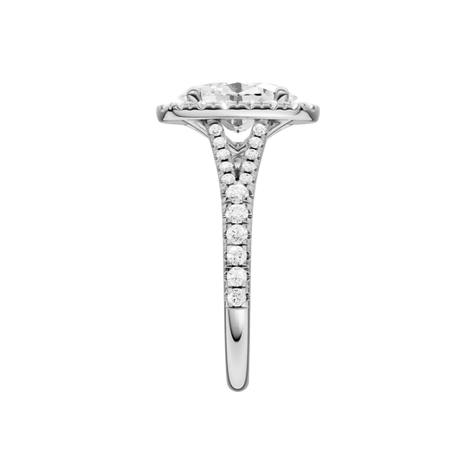 A side view of the Oval cut diamond engagement ring in 14k white gold with a prong band and solitaire setting