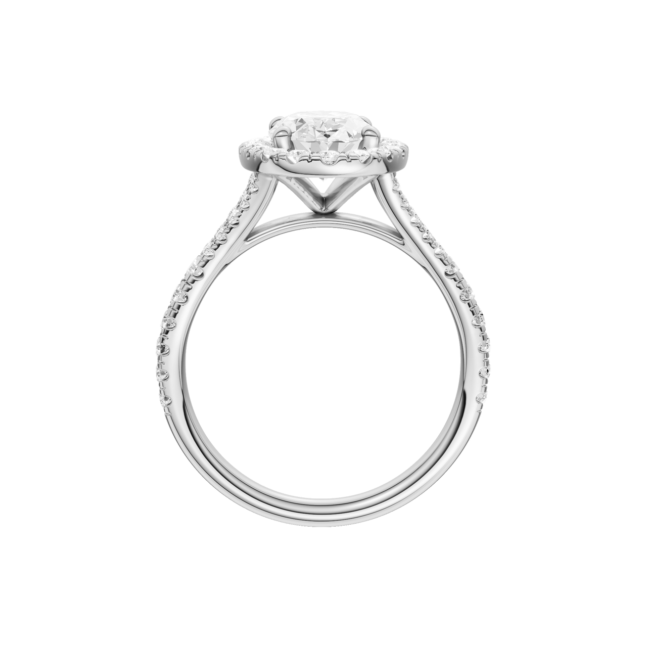 A profile view of the Oval cut diamond engagement ring in 14k white gold with a prong band and solitaire setting