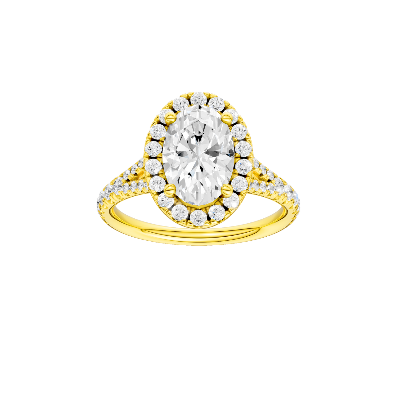 A front view of the Oval cut diamond engagement ring in 14k yellow gold with a prong band and solitaire setting