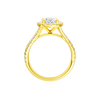 A profile view of the Oval cut diamond engagement ring in 14k yellow gold with a prong band and solitaire setting