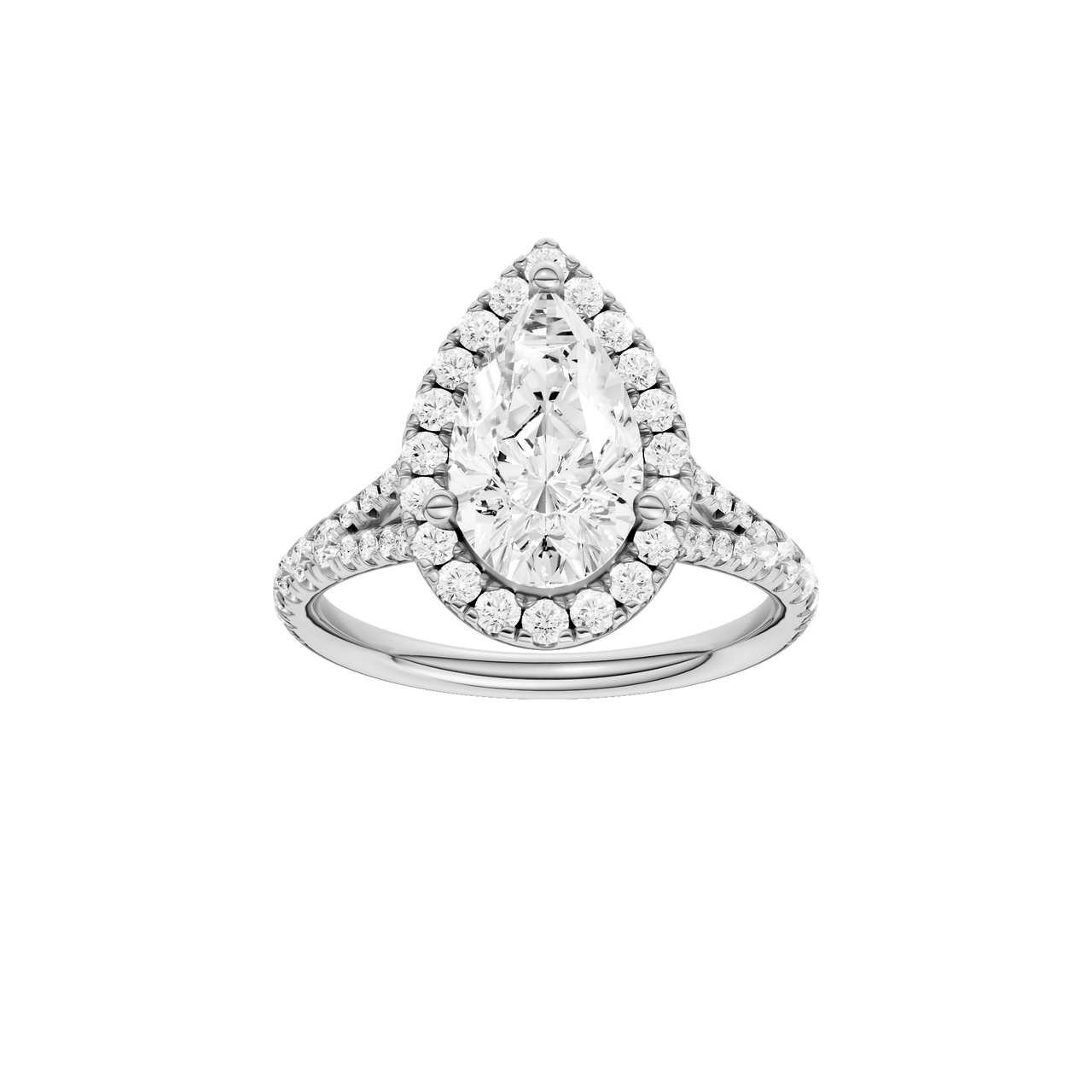 A front view of the Pear cut diamond engagement ring in 14k white gold with a prong band and solitaire setting