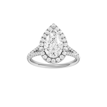 A front view of the Pear cut diamond engagement ring in 14k white gold with a prong band and solitaire setting