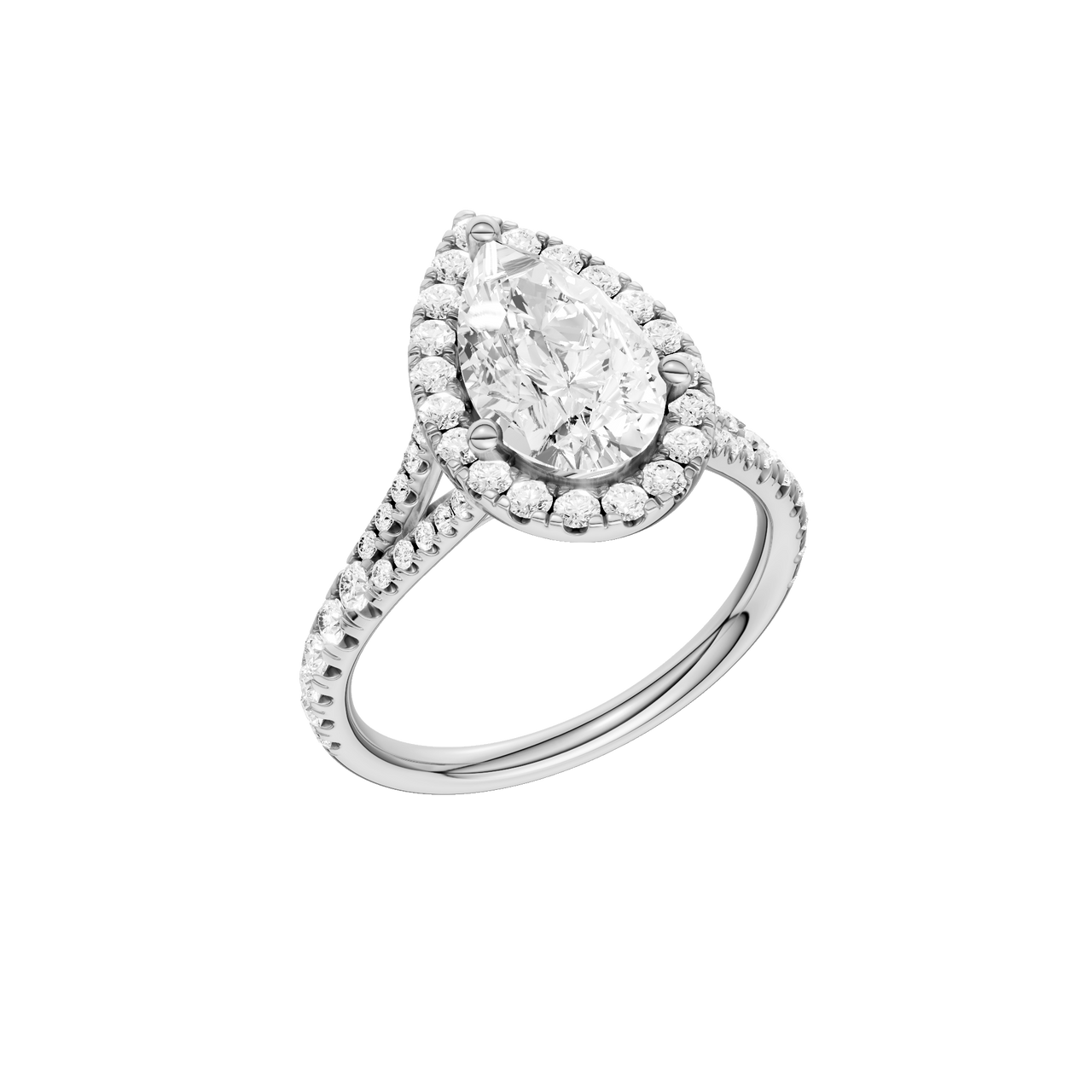 A three-quarter view of the Pear cut diamond engagement ring in 14k white gold with a prong band and solitaire setting