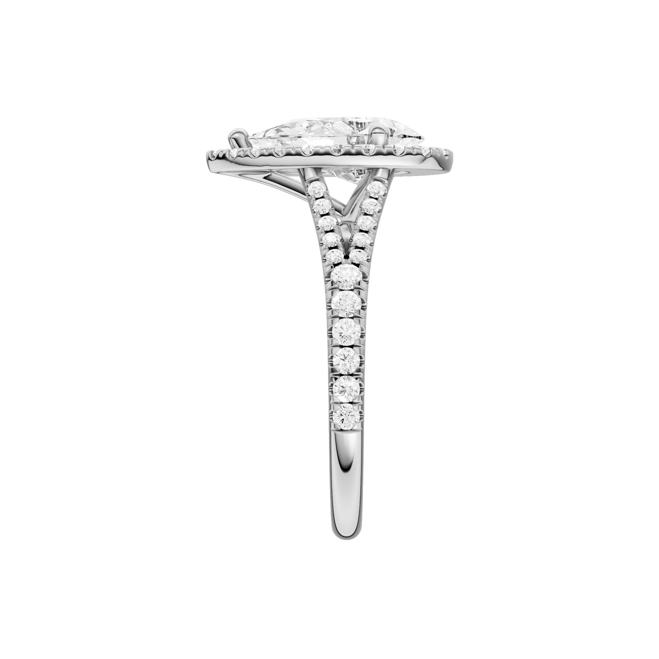 A side view of the Pear cut diamond engagement ring in platinum with a prong band and solitaire setting