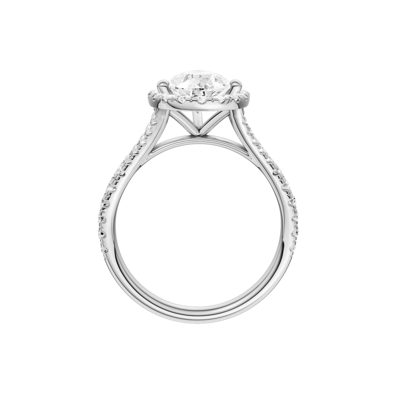 A profile view of the Pear cut diamond engagement ring in platinum with a prong band and solitaire setting