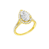 A three-quarter view of the Pear cut diamond engagement ring in 14k yellow gold with a prong band and solitaire setting