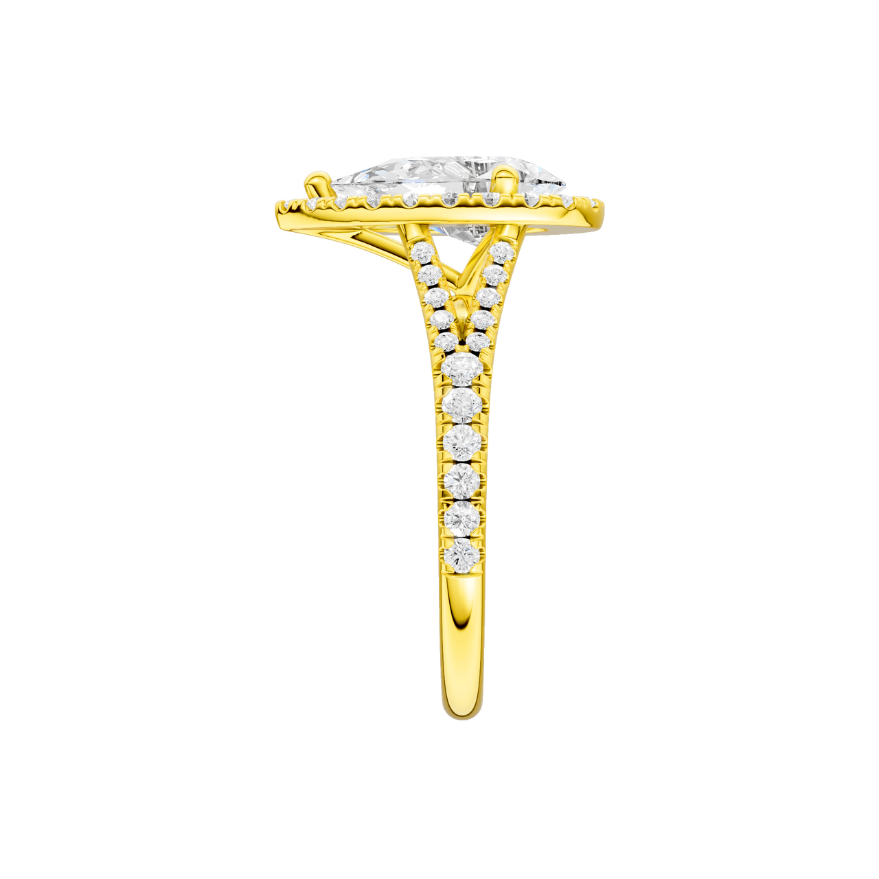 A side view of the Pear cut diamond engagement ring in 14k yellow gold with a prong band and solitaire setting