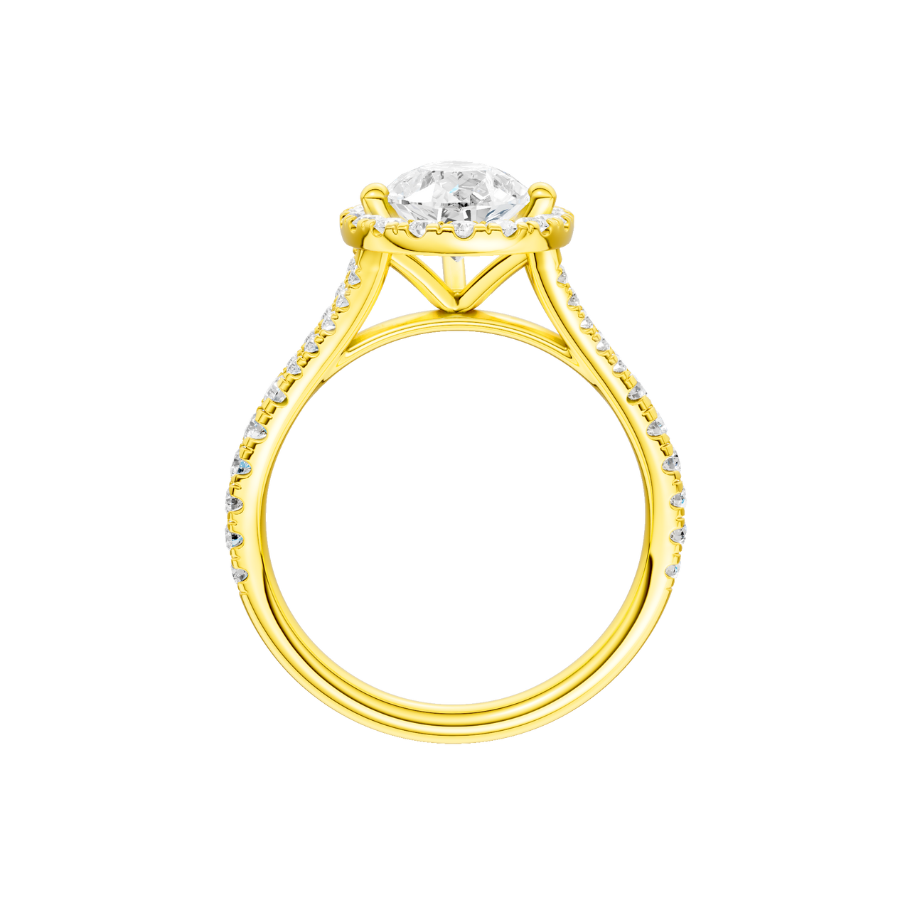 A profile view of the Pear cut diamond engagement ring in 14k yellow gold with a prong band and solitaire setting
