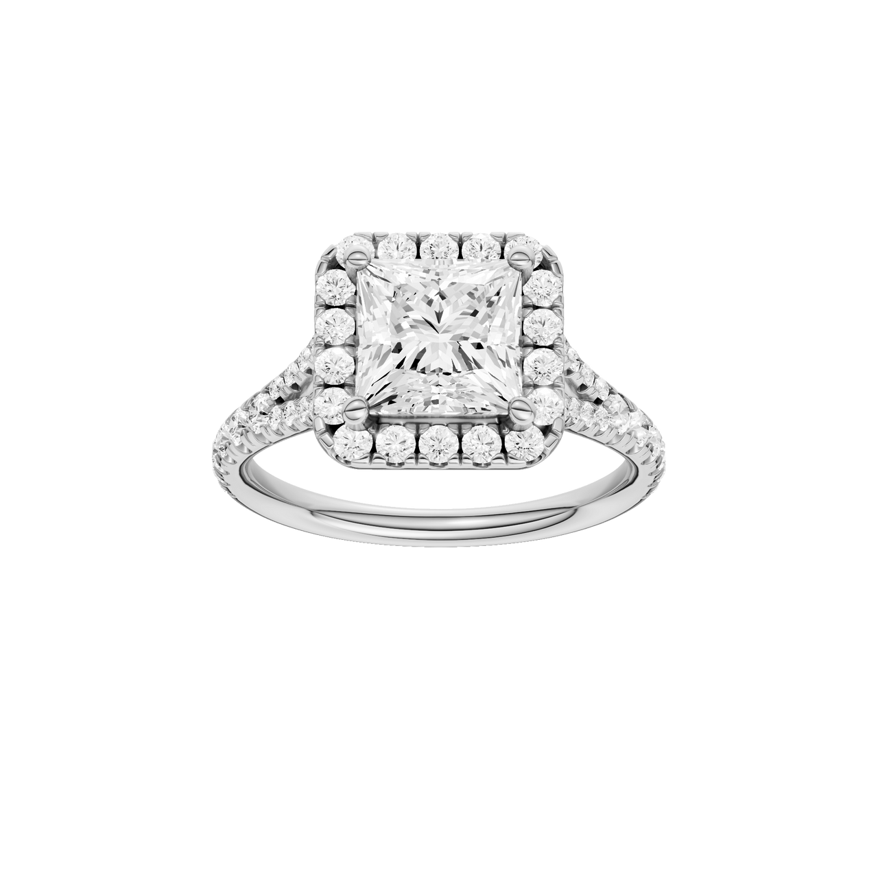 A front view of the Princess cut diamond engagement ring in 14k white gold with a prong band and solitaire setting