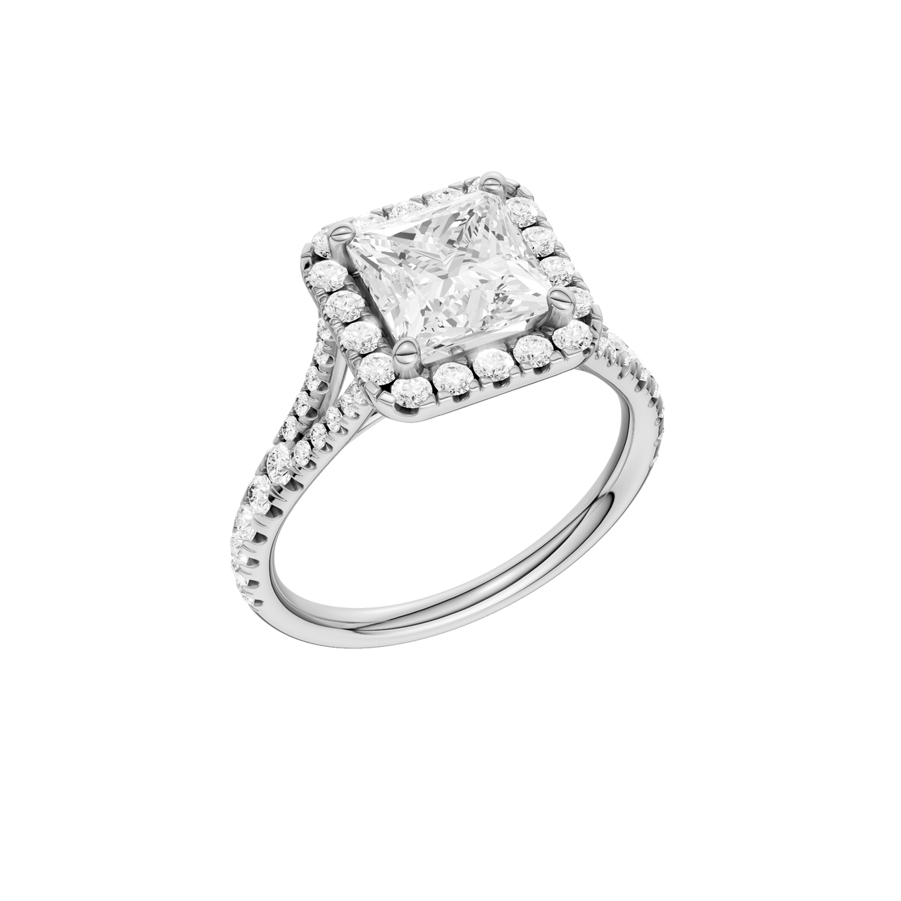 A three-quarter view of the Princess cut diamond engagement ring in 14k white gold with a prong band and solitaire setting
