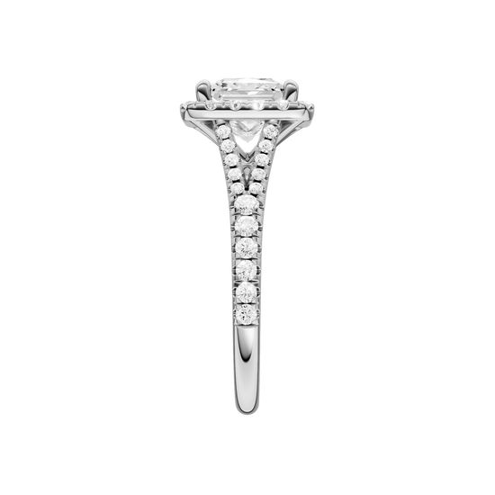 A side view of the Princess cut diamond engagement ring in platinum with a prong band and solitaire setting
