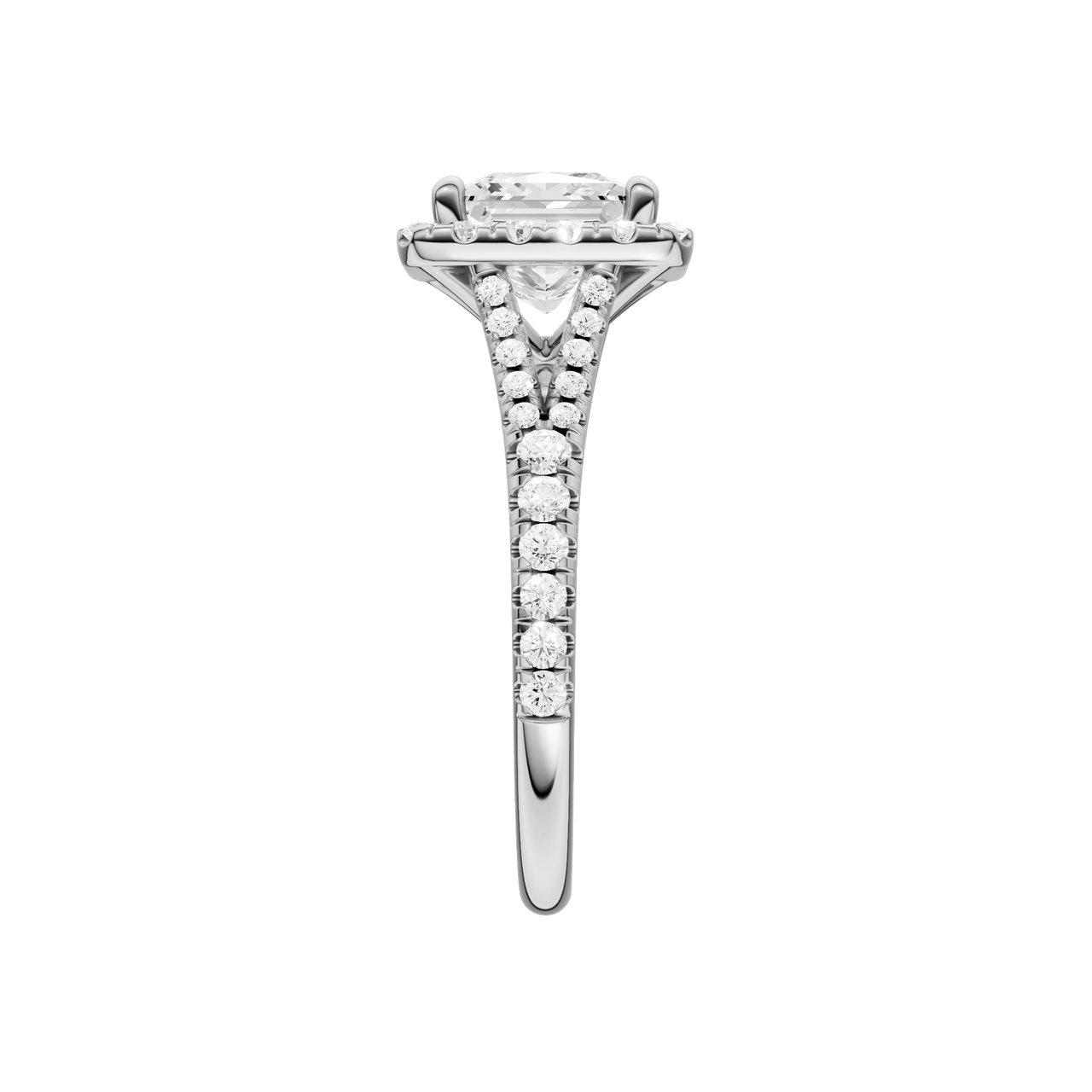 A side view of the Princess cut diamond engagement ring in 14k white gold with a prong band and solitaire setting