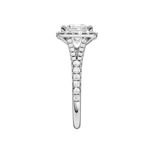 A side view of the Princess cut diamond engagement ring in 14k white gold with a prong band and solitaire setting