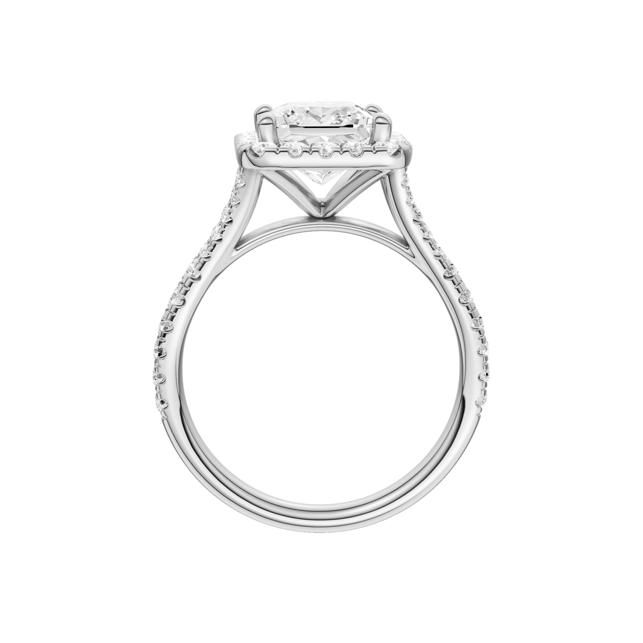 A profile view of the Princess cut diamond engagement ring in 14k white gold with a prong band and solitaire setting