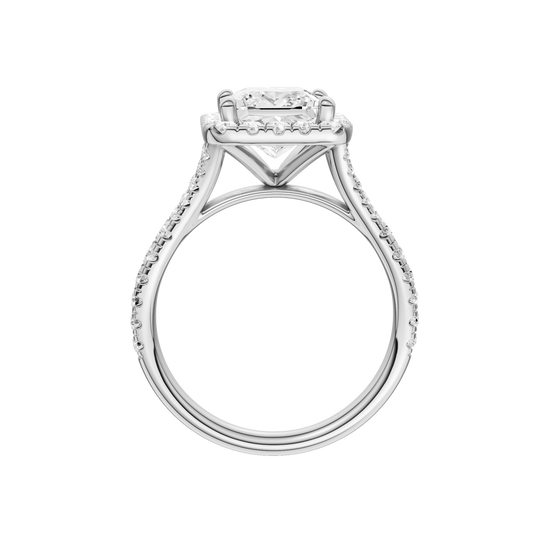 A profile view of the Princess cut diamond engagement ring in platinum with a prong band and solitaire setting
