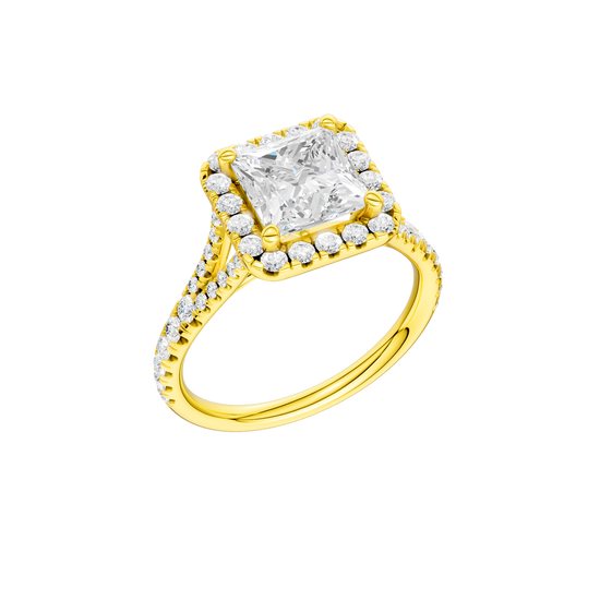 A three-quarter view of the Princess cut diamond engagement ring in 14k yellow gold with a prong band and solitaire setting