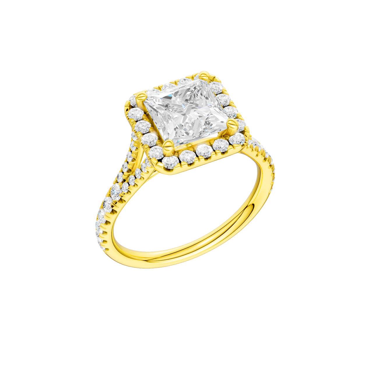 A three-quarter view of the Princess cut diamond engagement ring in 14k yellow gold with a prong band and solitaire setting