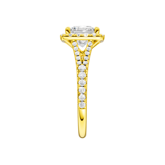 A side view of the Princess cut diamond engagement ring in 14k yellow gold with a prong band and solitaire setting