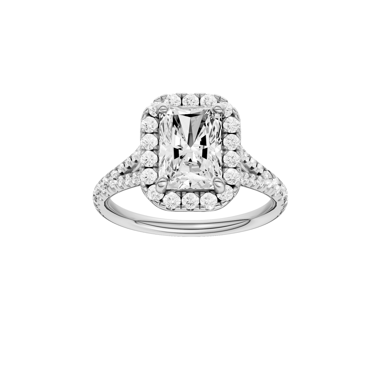 A front view of the Radiant cut diamond engagement ring in 14k white gold with a diamond band and halo setting