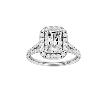 A front view of the Radiant cut diamond engagement ring in 14k white gold with a diamond band and halo setting