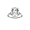 A front view of the Radiant cut diamond engagement ring in platinum with a diamond band and halo setting
