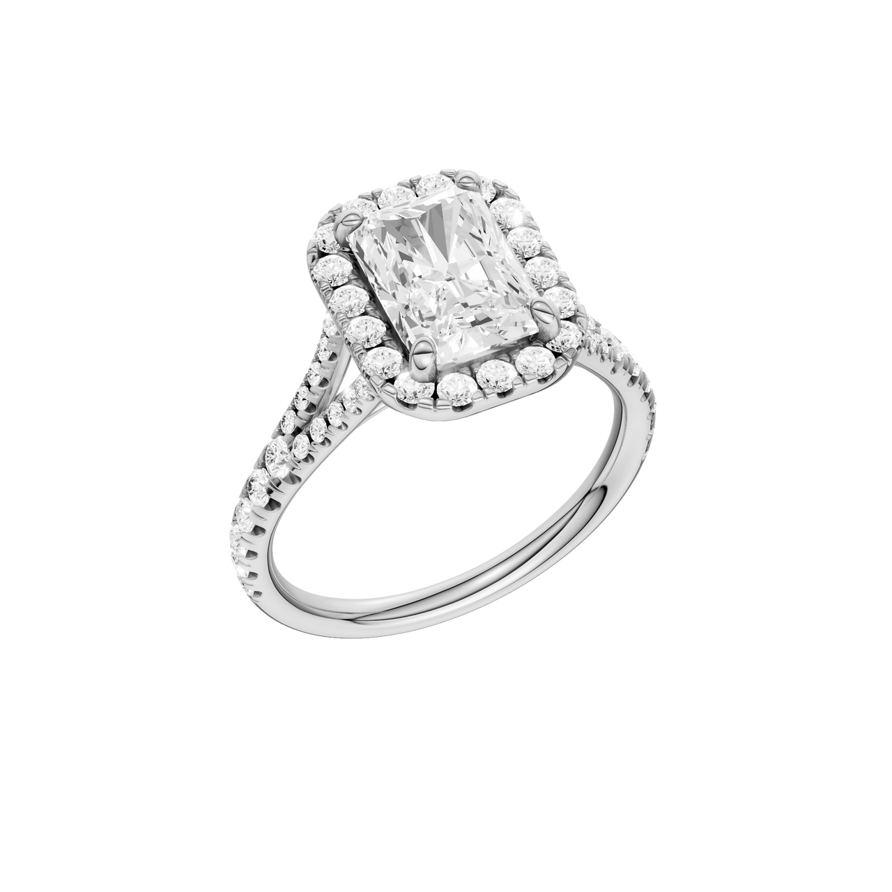 A three-quarter view of the Radiant cut diamond engagement ring in platinum with a diamond band and halo setting