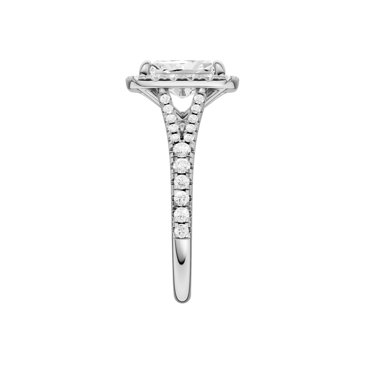 A side view of the Radiant cut diamond engagement ring in platinum with a diamond band and halo setting