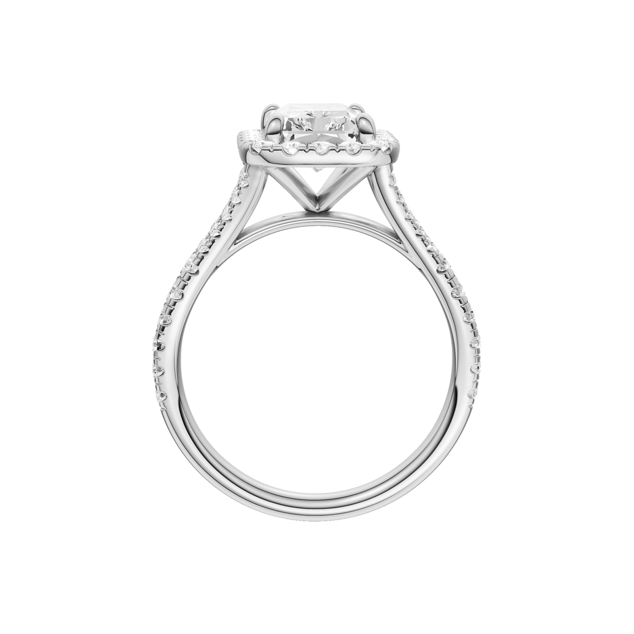 A profile view of the Radiant cut diamond engagement ring in 14k white gold with a diamond band and halo setting