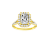 A front view of the Radiant cut diamond engagement ring in 14k yellow gold with a diamond band and halo setting