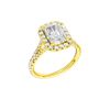 A three-quarter view of the Radiant cut diamond engagement ring in 14k yellow gold with a diamond band and halo setting