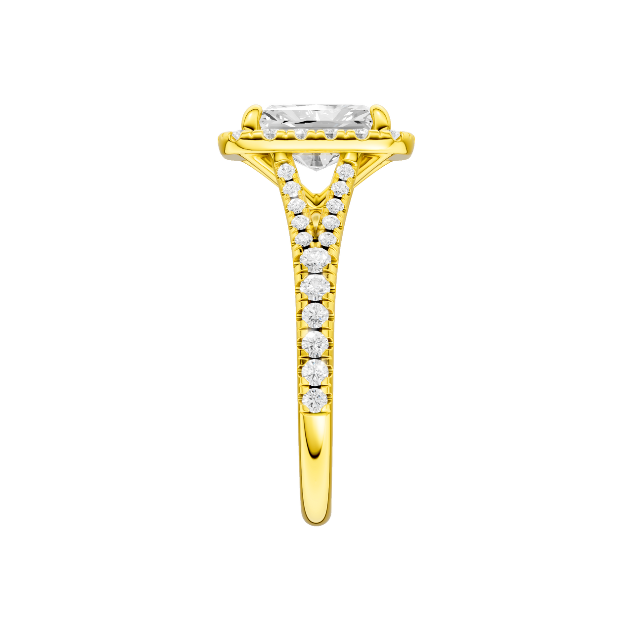 A side view of the Radiant cut diamond engagement ring in 14k yellow gold with a diamond band and halo setting