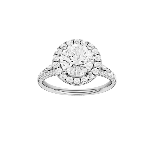 A front view of the Round cut diamond engagement ring in 14k white gold with a prong diamond band and split setting
