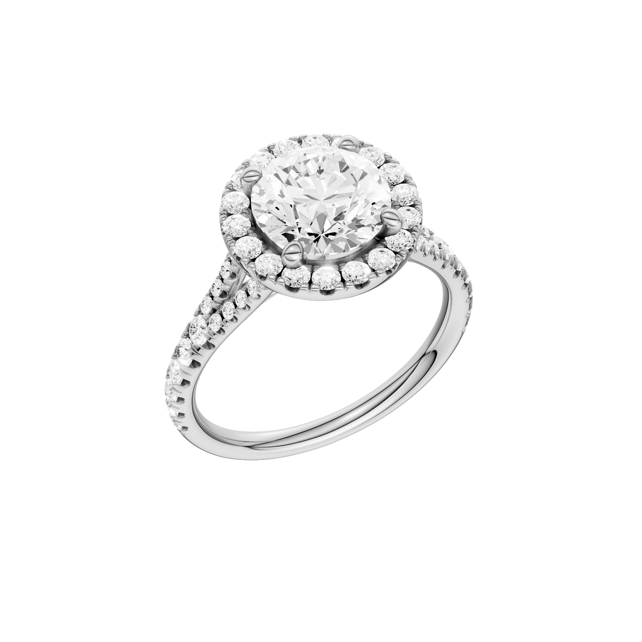 A three-quarter view of the Round cut diamond engagement ring in platinum with a prong diamond band and split setting