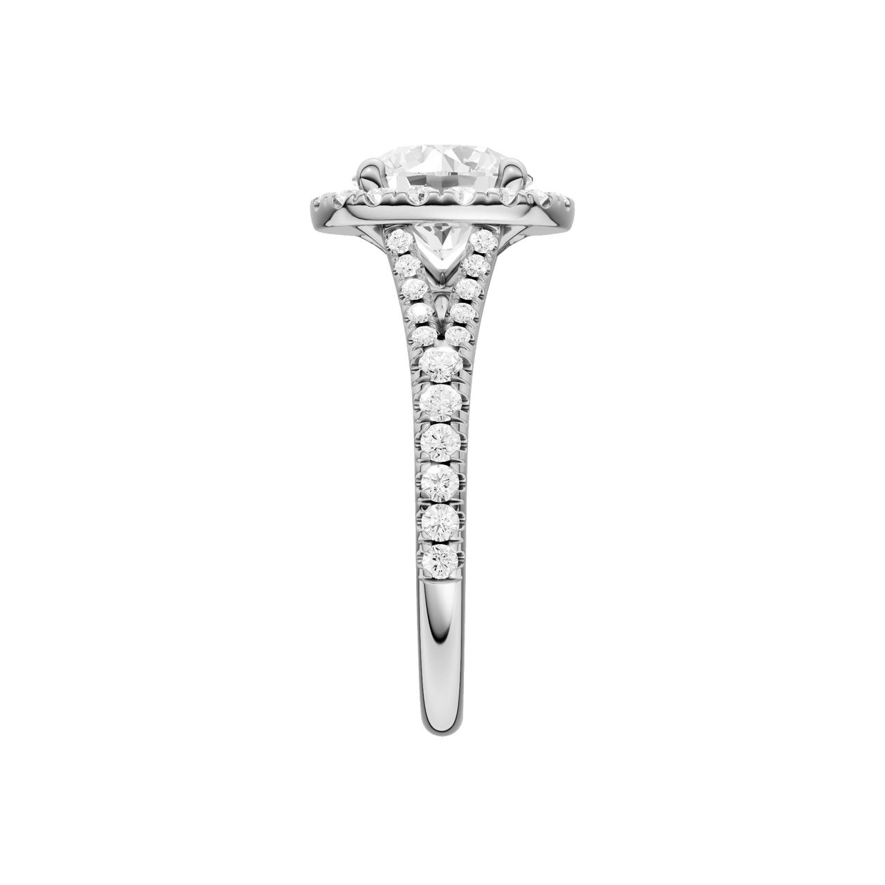 A side view of the Round cut diamond engagement ring in platinum with a prong diamond band and split setting