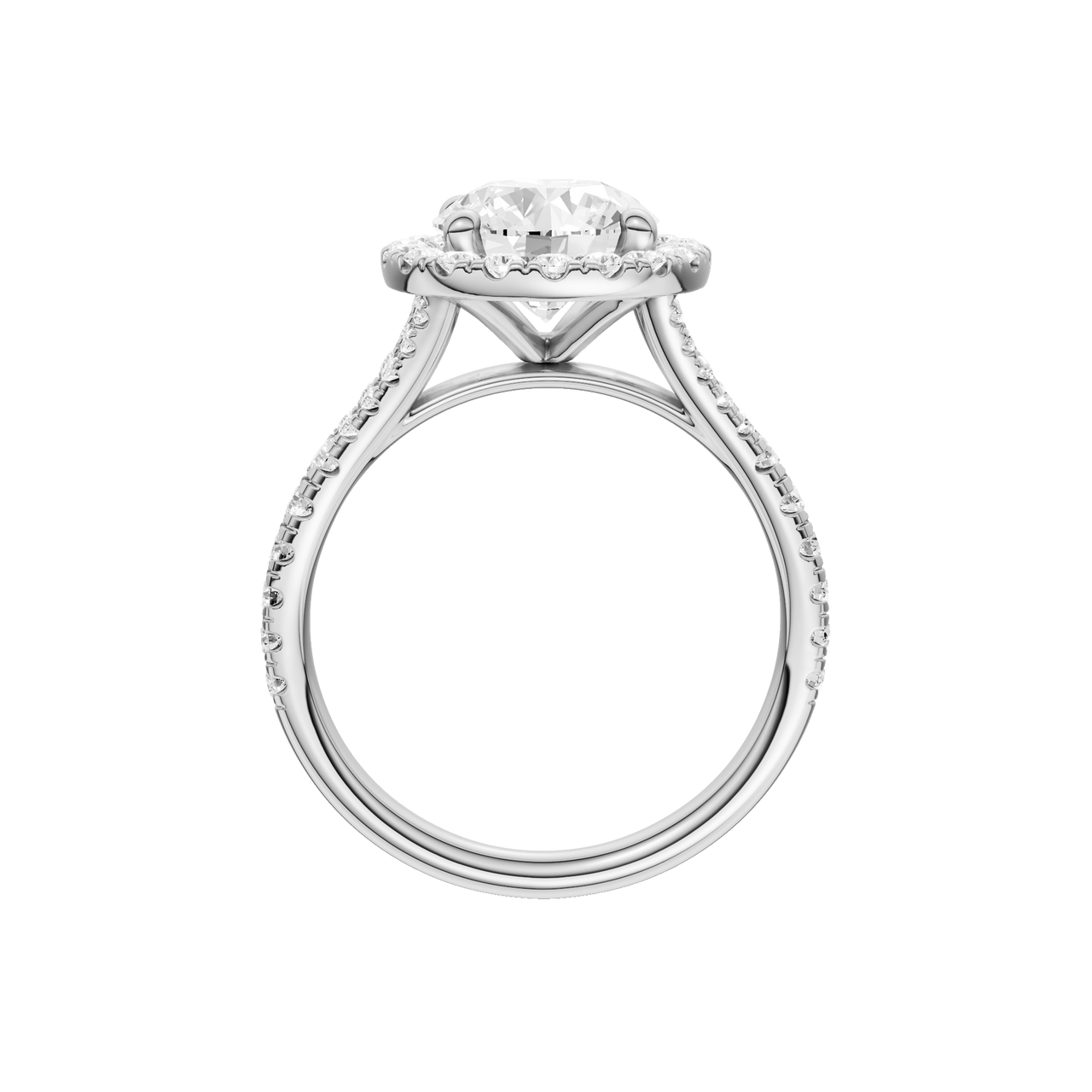 A profile view of the Round cut diamond engagement ring in platinum with a prong diamond band and split setting