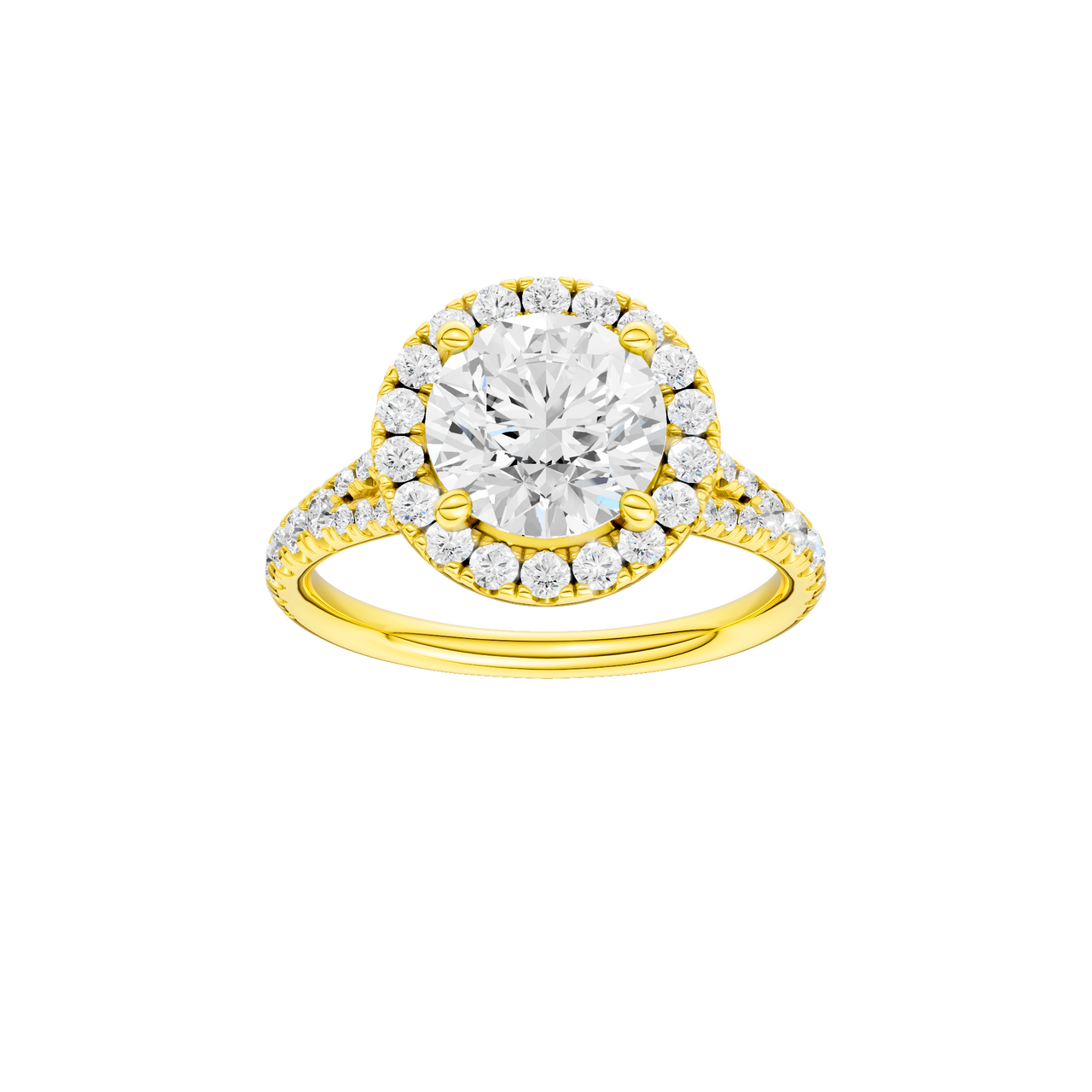 A front view of the Round cut diamond engagement ring in 14k yellow gold with a prong diamond band and split setting