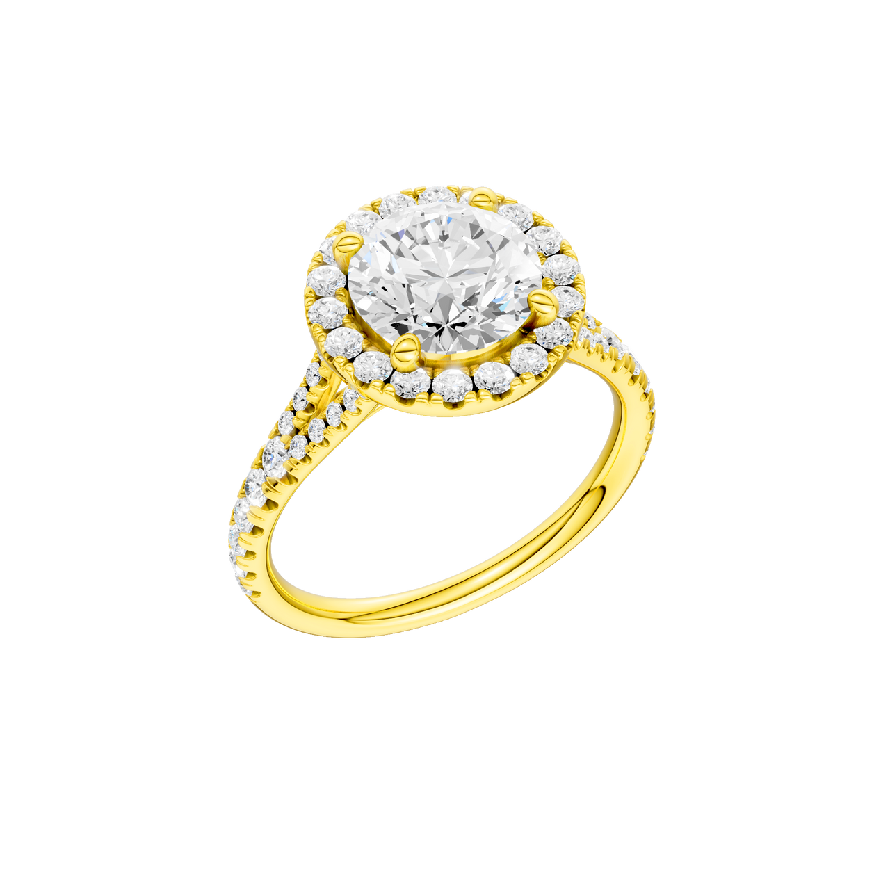 A three-quarter view of the Round cut diamond engagement ring in 14k yellow gold with a prong diamond band and split setting