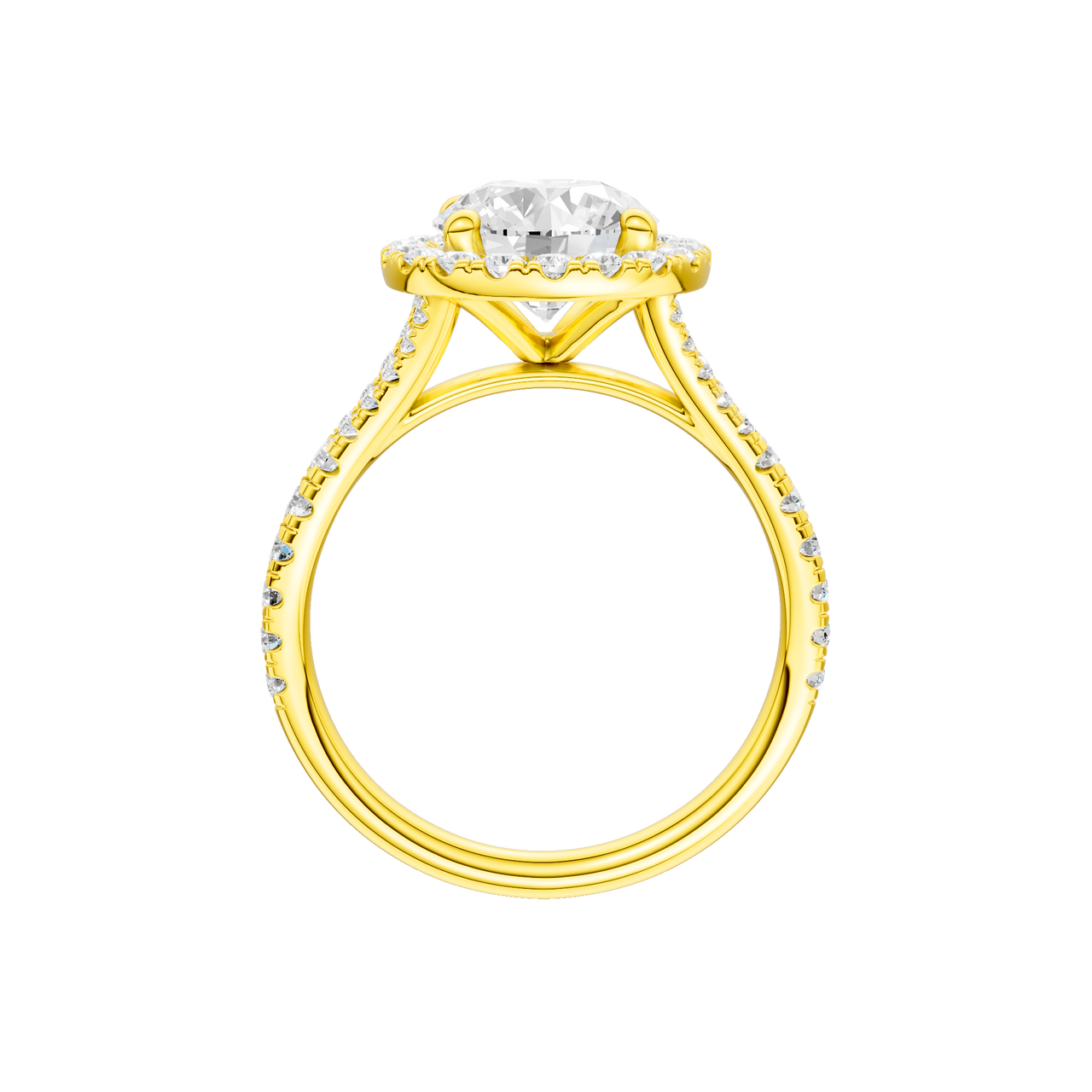 A profile view of the Round cut diamond engagement ring in 14k yellow gold with a prong diamond band and split setting