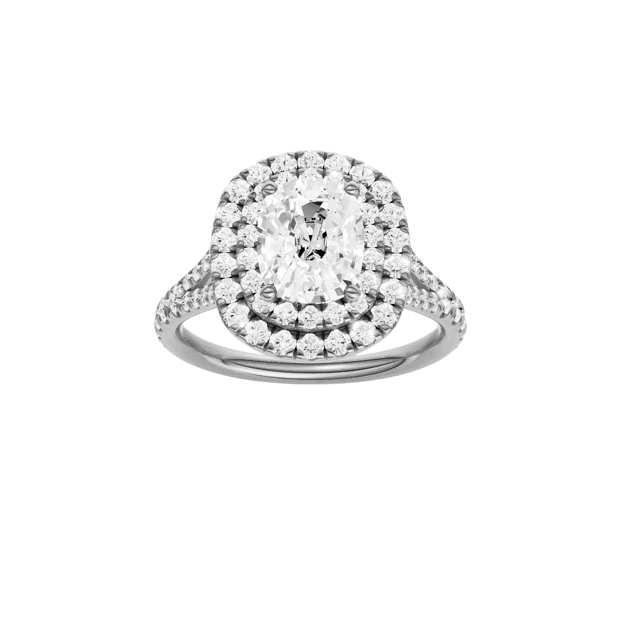 A front view of the Elongated cushion cut diamond engagement ring in 14k white gold with a prong diamond band and split setting