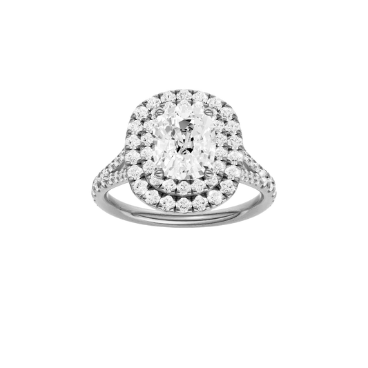 A front view of the Elongated cushion cut diamond engagement ring in 14k white gold with a prong diamond band and split setting