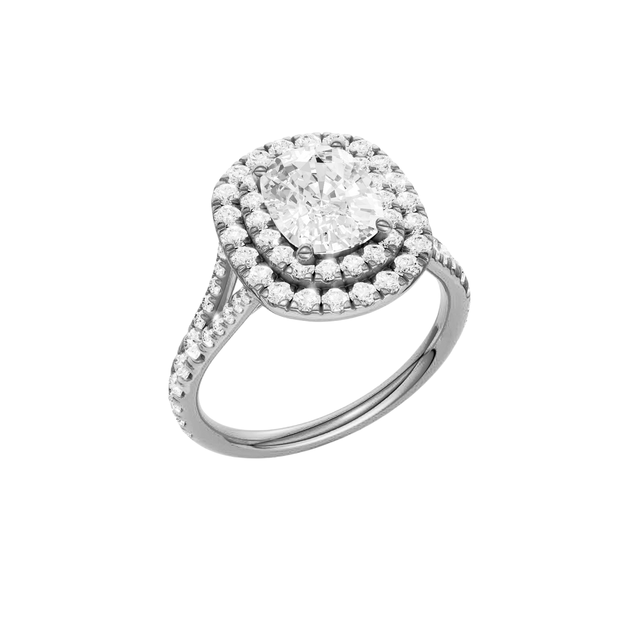 A three-quarter view of the Elongated cushion cut diamond engagement ring in platinum with a prong diamond band and split setting