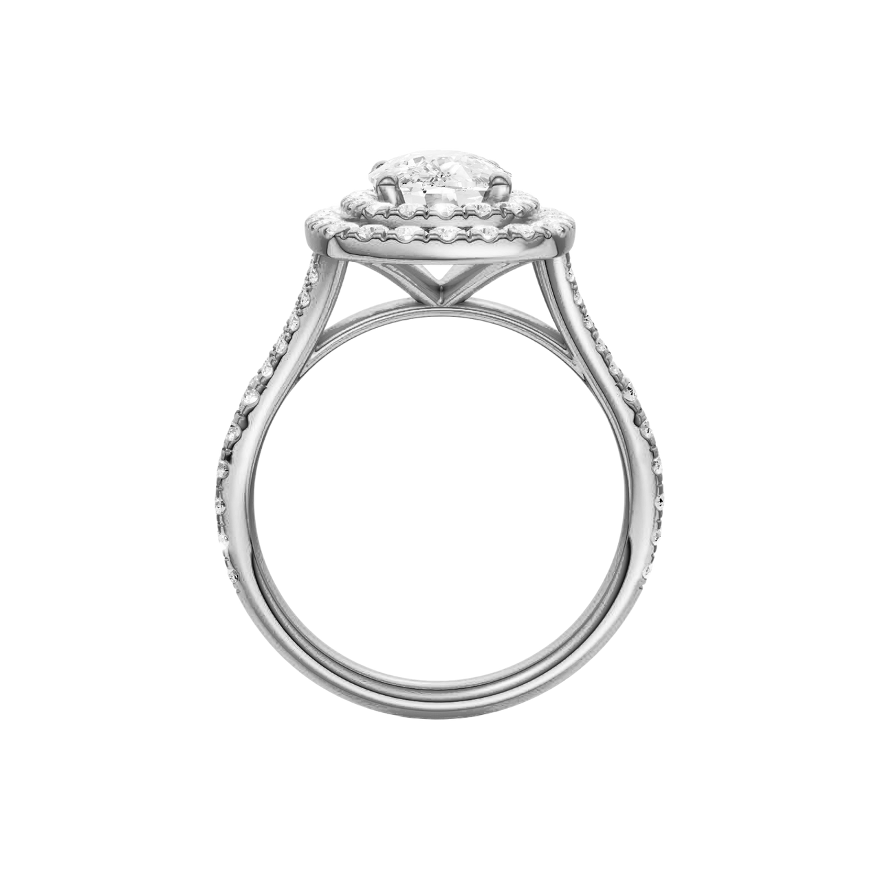 A profile view of the Elongated cushion cut diamond engagement ring in 14k white gold with a prong diamond band and split setting
