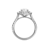 A profile view of the Elongated cushion cut diamond engagement ring in platinum with a prong diamond band and split setting
