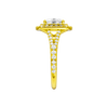 A side view of the Elongated cushion cut diamond engagement ring in 14k yellow gold with a prong diamond band and split setting