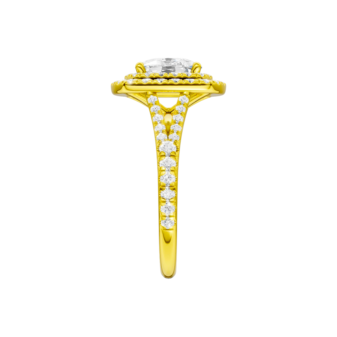 A side view of the Elongated cushion cut diamond engagement ring in 14k yellow gold with a prong diamond band and split setting